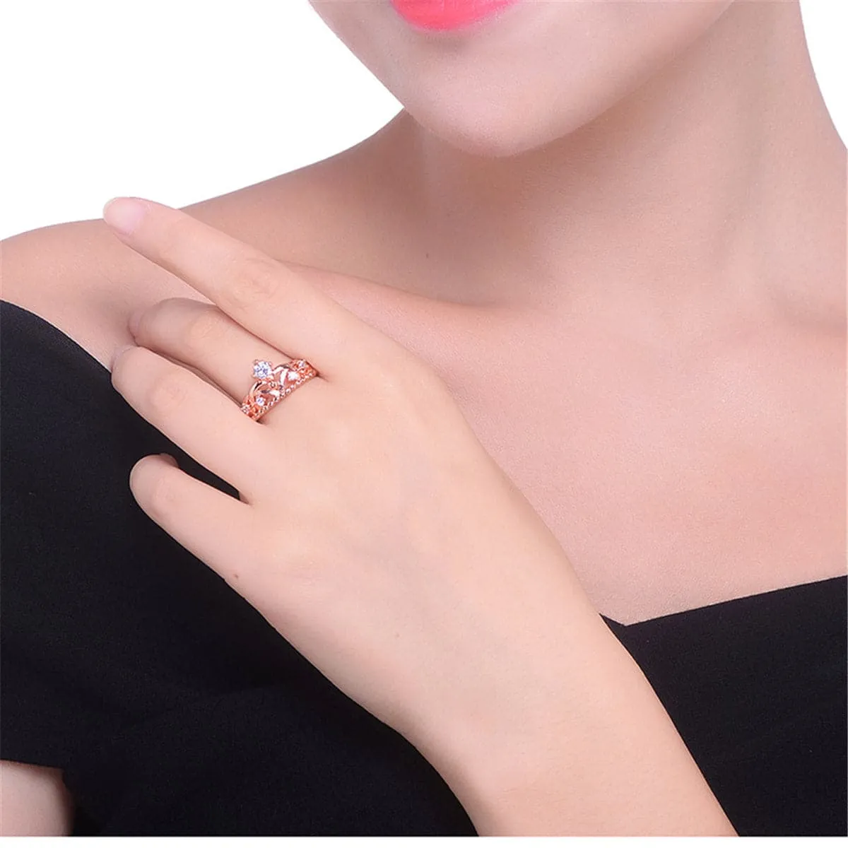 Cubic Zirconia & 18K Rose Gold-Plated Crown Ring