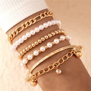 Cubic Zirconia & Pearl 18K Gold-Plated Beaded Stretch Bracelet Set