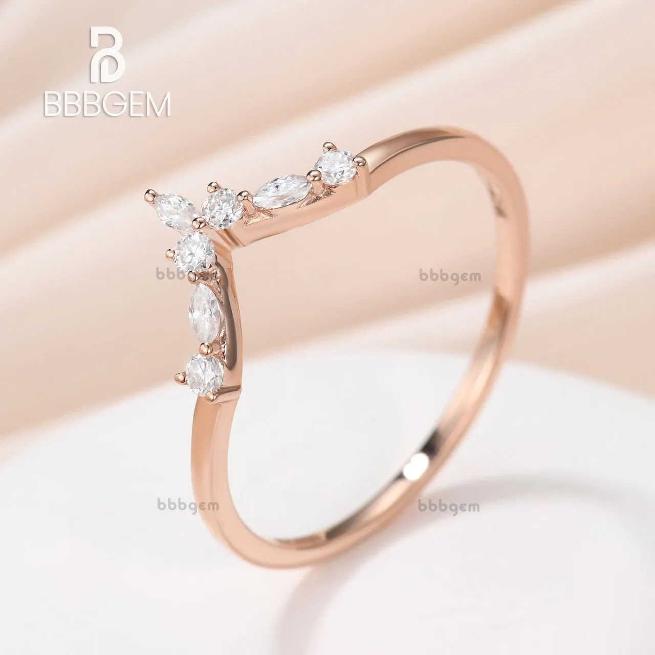 Curved Moissanite Wedding Band Chevron 14k Rose Gold Stacking Anniversary Gift Chevron Antique Ring