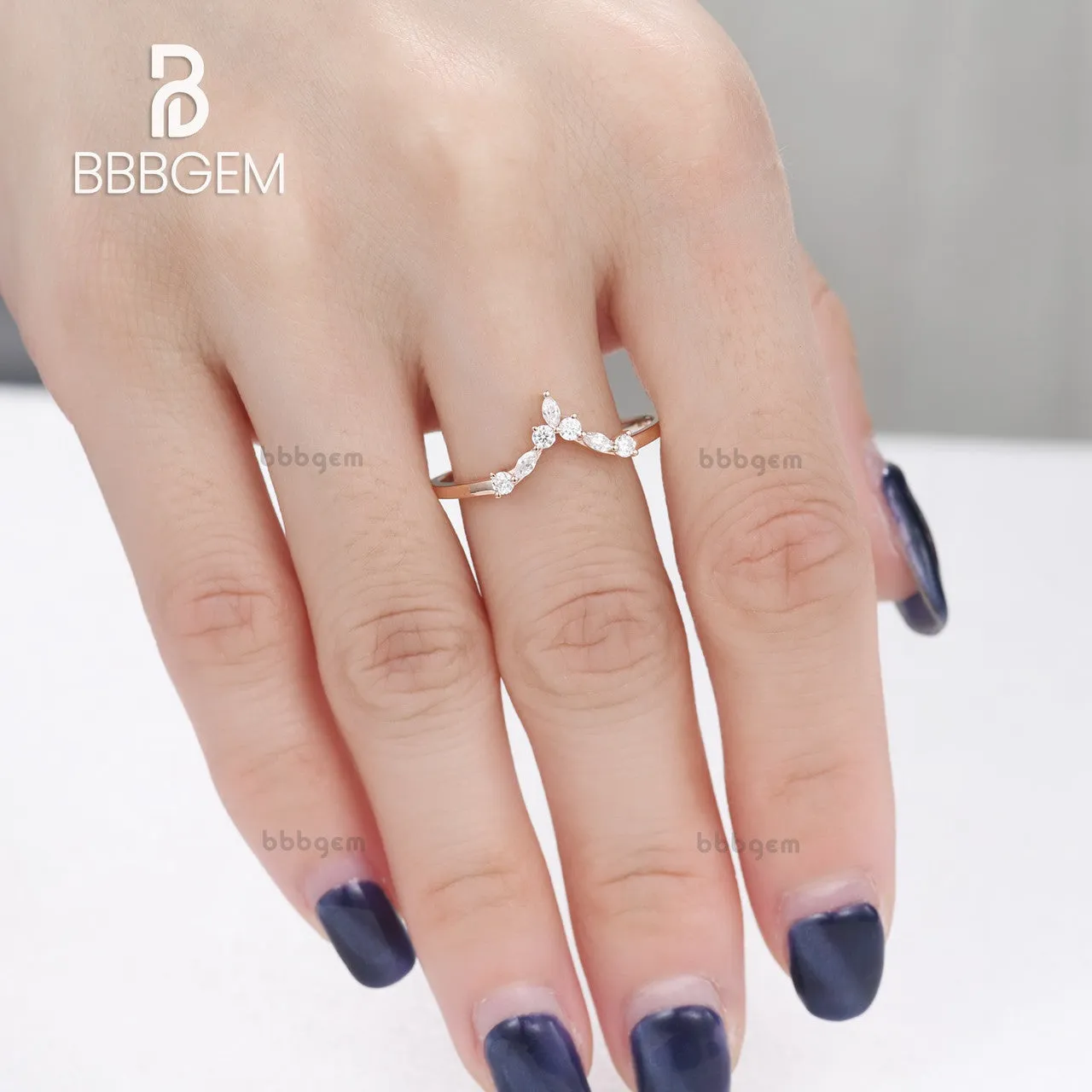 Curved Moissanite Wedding Band Chevron 14k Rose Gold Stacking Anniversary Gift Chevron Antique Ring