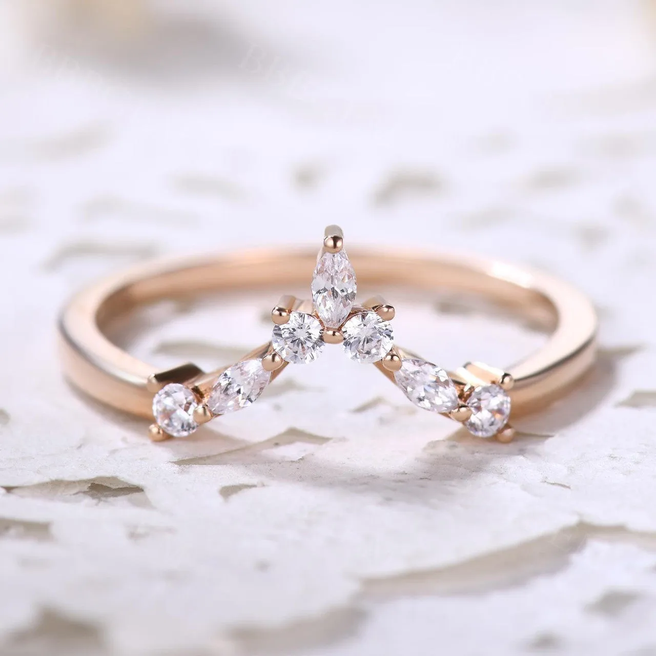 Curved Moissanite Wedding Band Chevron 14k Rose Gold Stacking Anniversary Gift Chevron Antique Ring