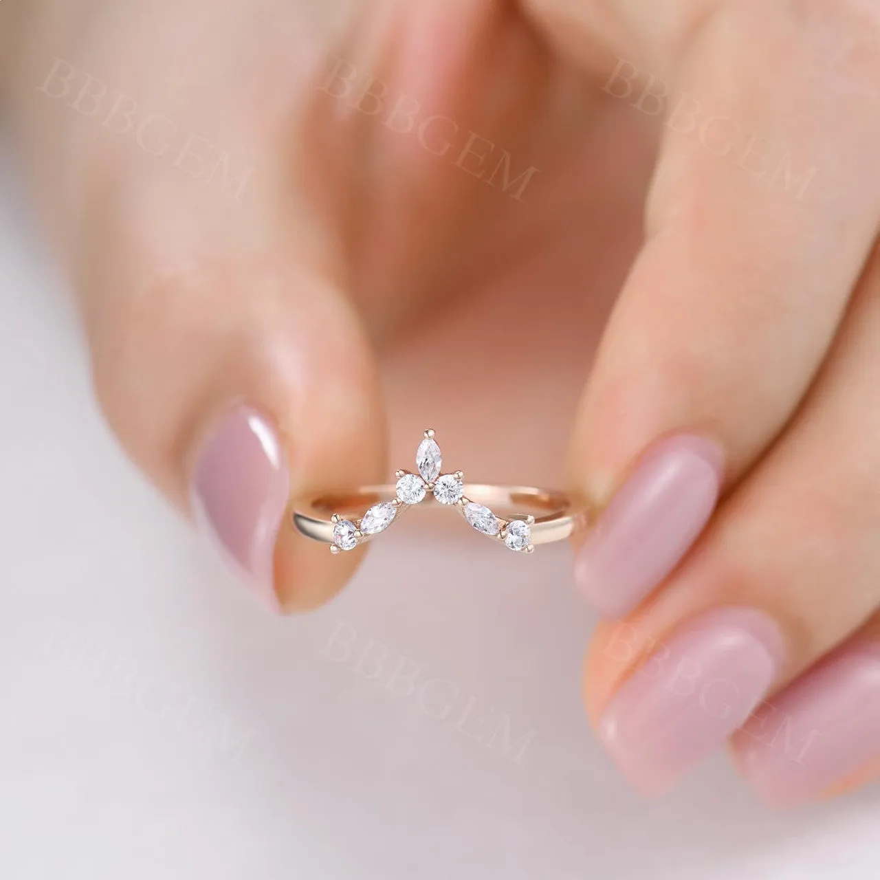 Curved Moissanite Wedding Band Chevron 14k Rose Gold Stacking Anniversary Gift Chevron Antique Ring