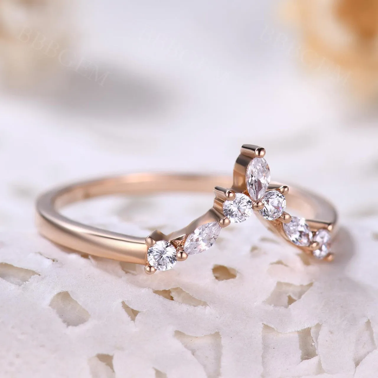 Curved Moissanite Wedding Band Chevron 14k Rose Gold Stacking Anniversary Gift Chevron Antique Ring
