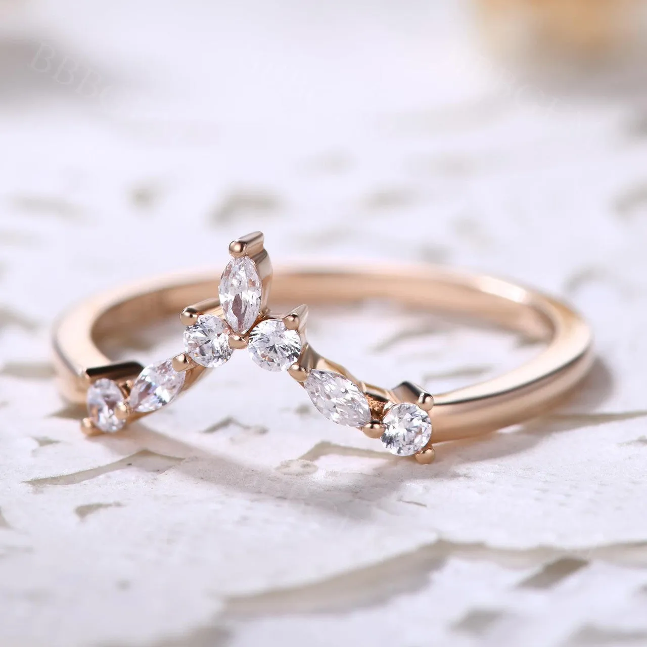 Curved Moissanite Wedding Band Chevron 14k Rose Gold Stacking Anniversary Gift Chevron Antique Ring