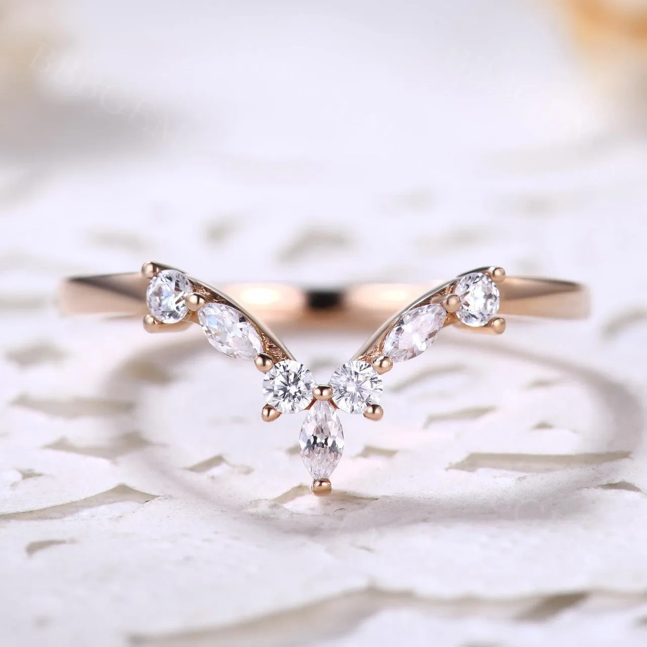 Curved Moissanite Wedding Band Chevron 14k Rose Gold Stacking Anniversary Gift Chevron Antique Ring