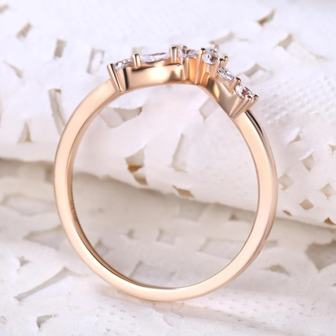 Curved Moissanite Wedding Band Chevron 14k Rose Gold Stacking Anniversary Gift Chevron Antique Ring