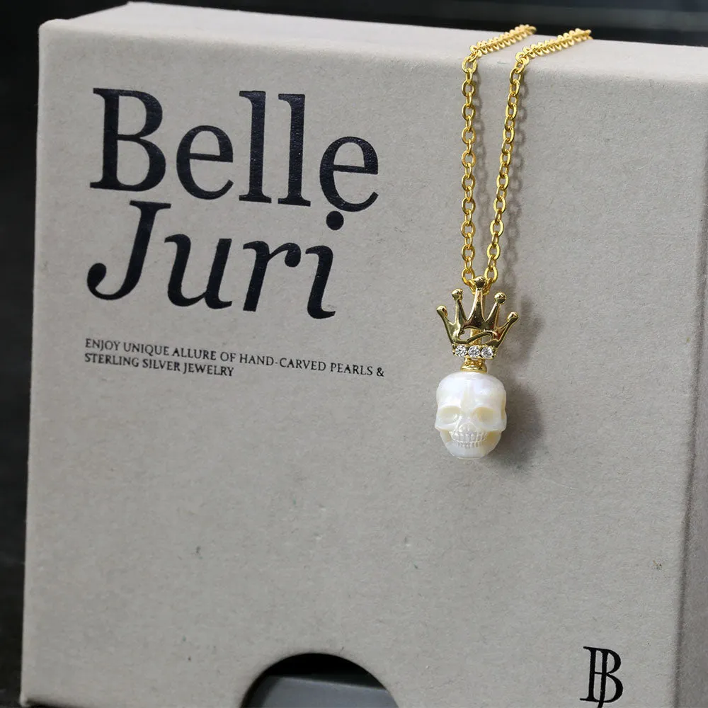 Dainty Crown Pearl Skull Charm Necklace