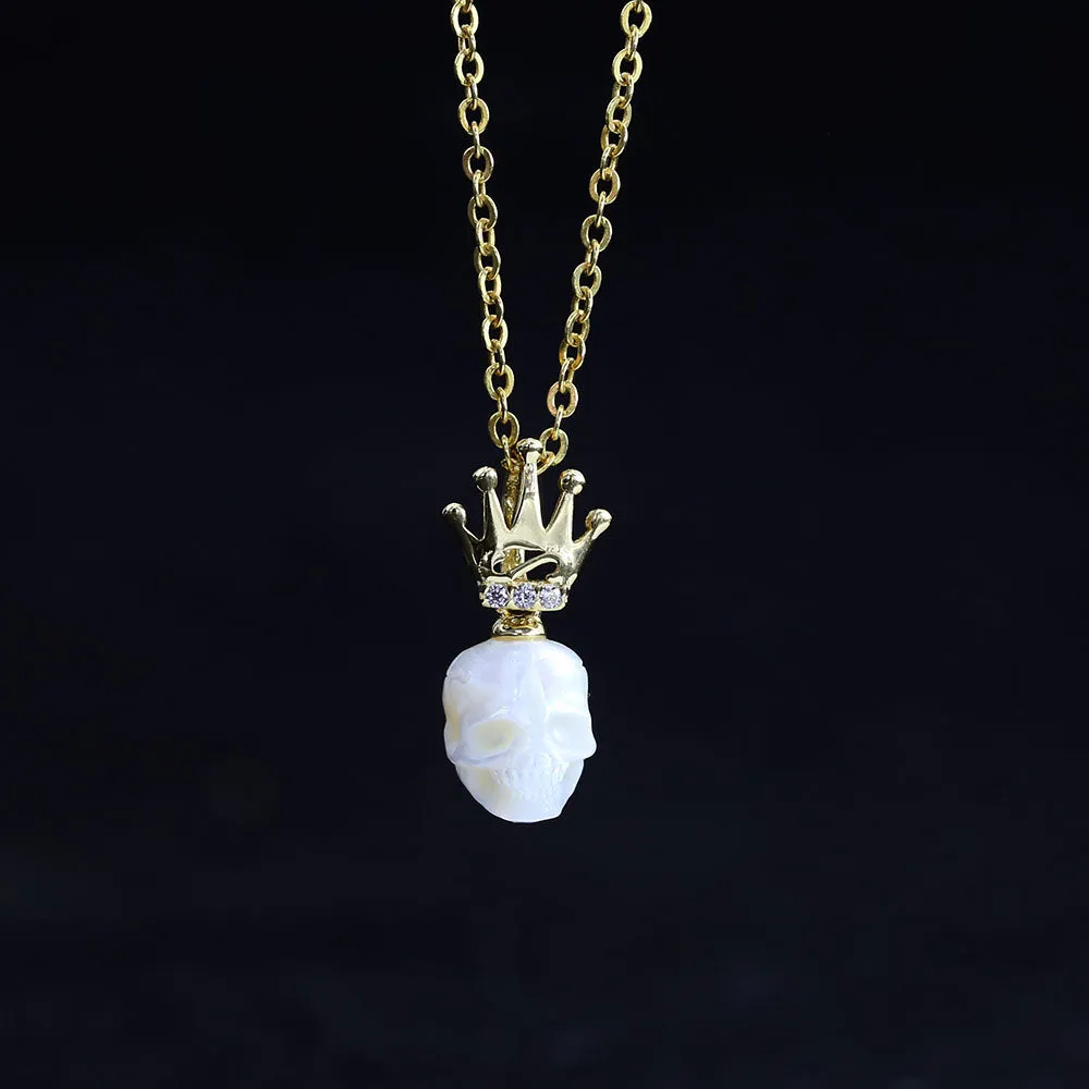 Dainty Crown Pearl Skull Charm Necklace