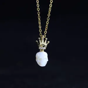 Dainty Crown Pearl Skull Charm Necklace