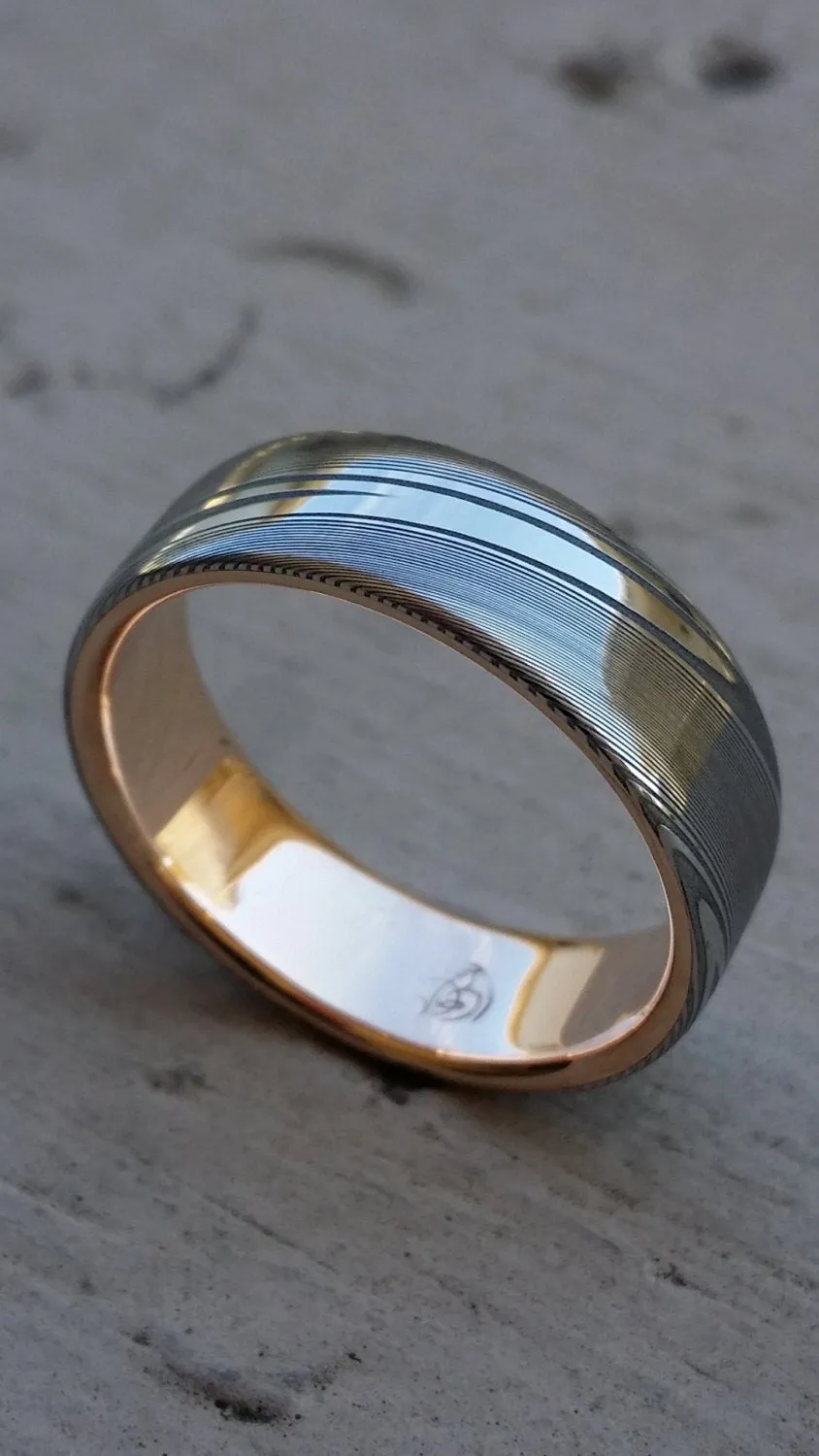Damascus steel ring 18k rose Gold & Stainless Damascus steel   "dark wood-grain" ( customizable) mens rings mens wedding bands