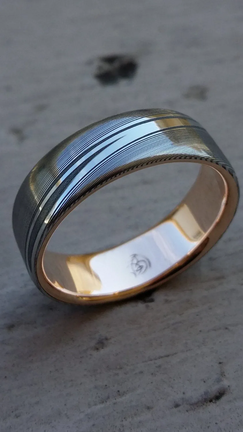 Damascus steel ring 18k rose Gold & Stainless Damascus steel   "dark wood-grain" ( customizable) mens rings mens wedding bands