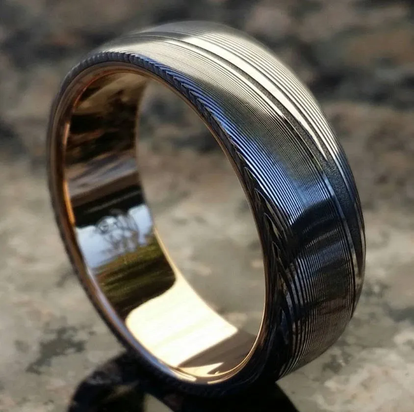 Damascus steel ring 18k rose Gold & Stainless Damascus steel   "dark wood-grain" ( customizable) mens rings mens wedding bands