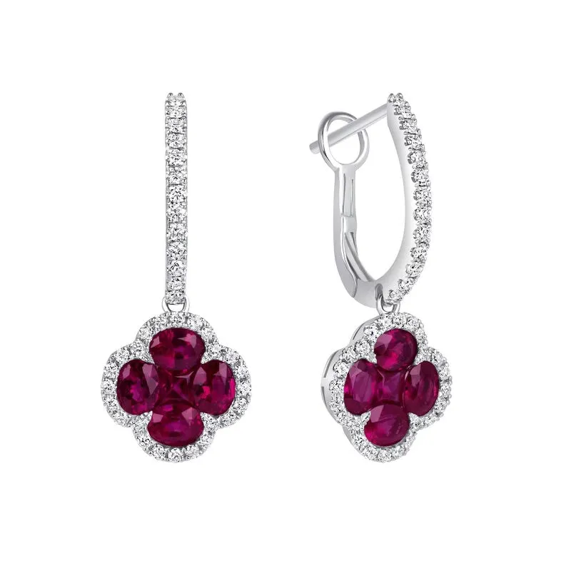 Dangling Oval-cut Ruby Earrings with accented Diamonds in 18k white Gold
