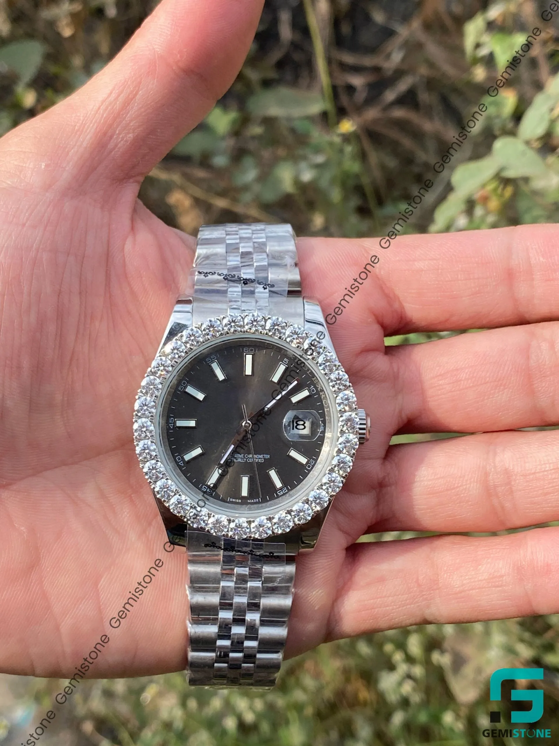 Dark Rhodium Dial DJ 41mm Moissanite Diamond Bezel Watch | Jubilee Bracelet