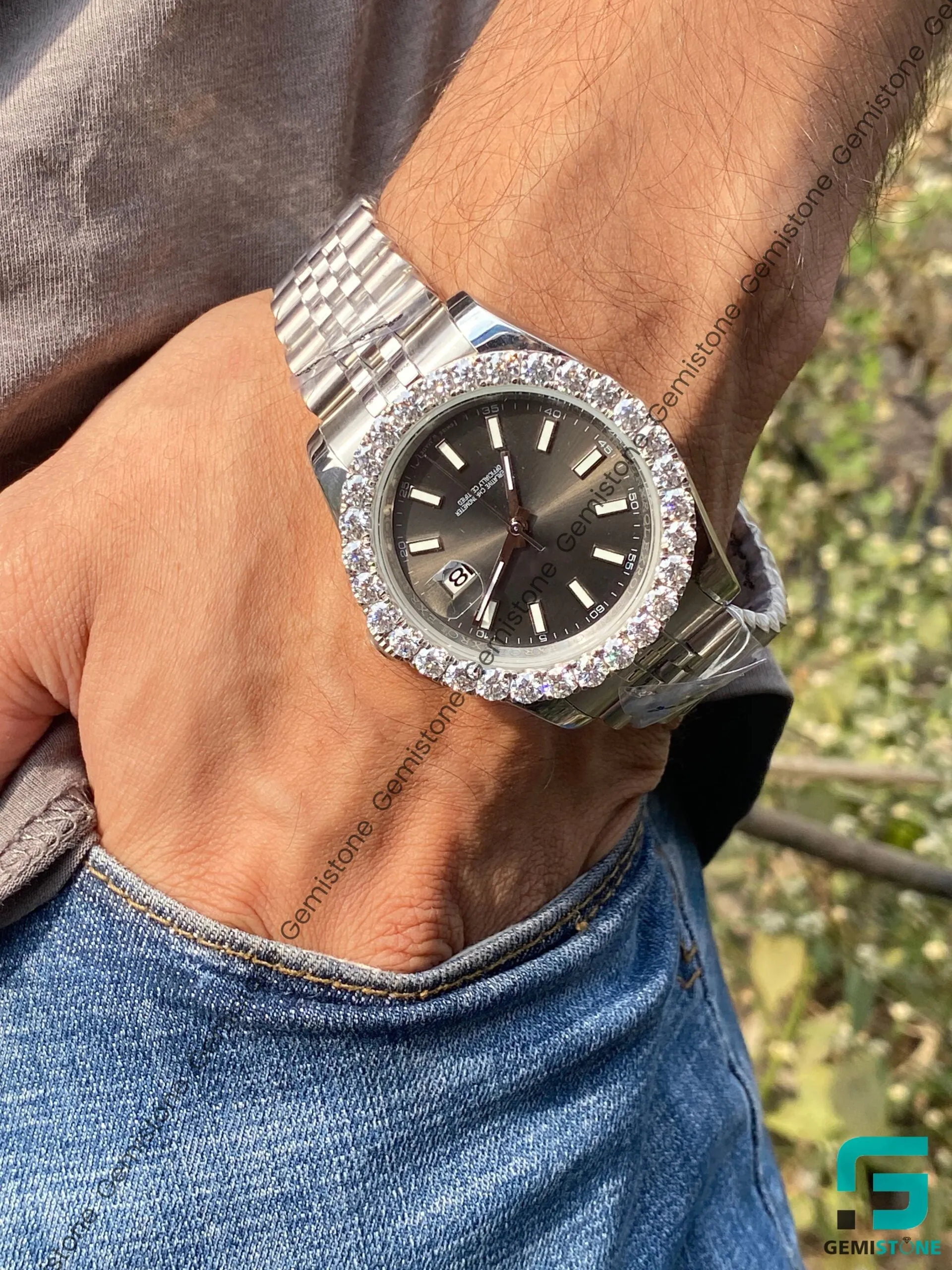 Dark Rhodium Dial DJ 41mm Moissanite Diamond Bezel Watch | Jubilee Bracelet