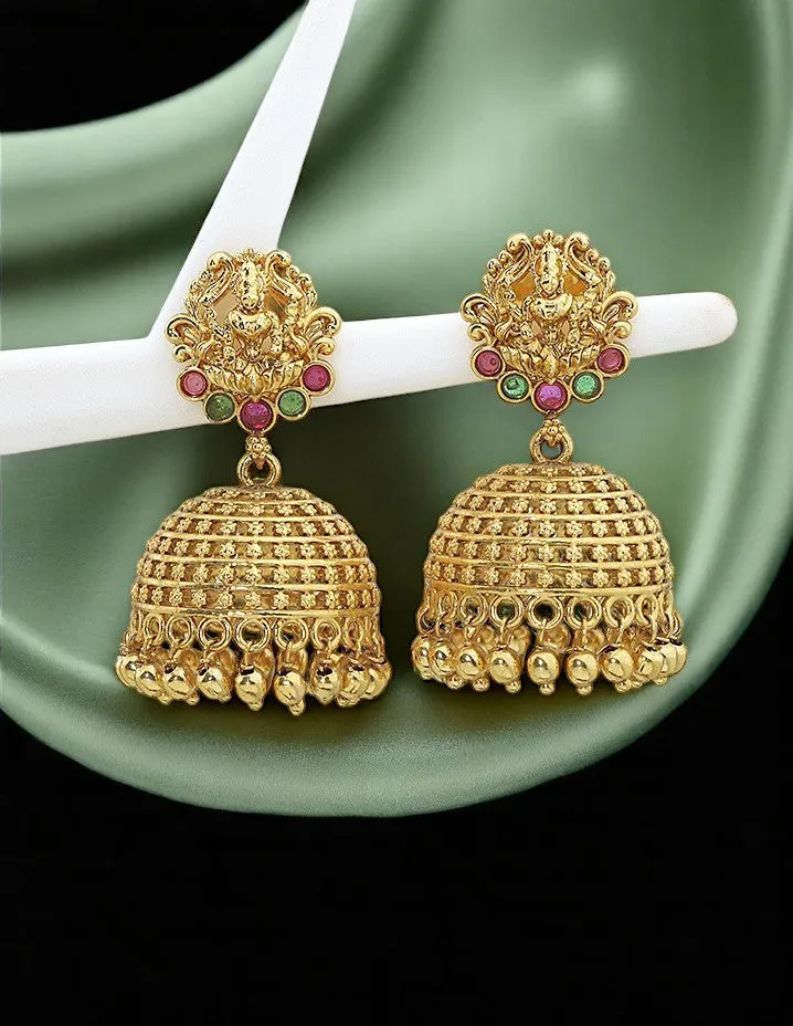 Designer Lakshmi Devi Ruby and Emerald Jhumka Earrings