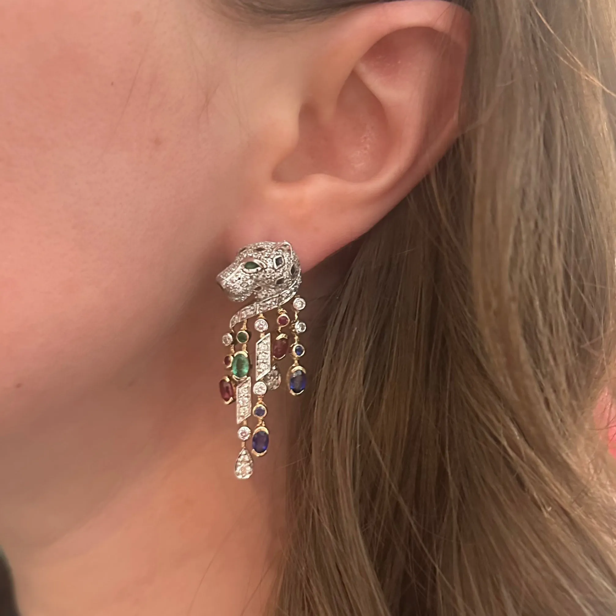 Diamond & Precious Gemstone Panther Dangle Earrings