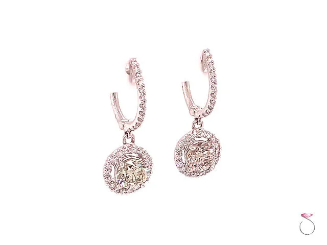 Diamond Halo Drop Dangling Earrings, 2.29 Carat Diamond Earrings 18K White Gold