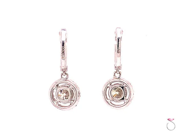 Diamond Halo Drop Dangling Earrings, 2.29 Carat Diamond Earrings 18K White Gold