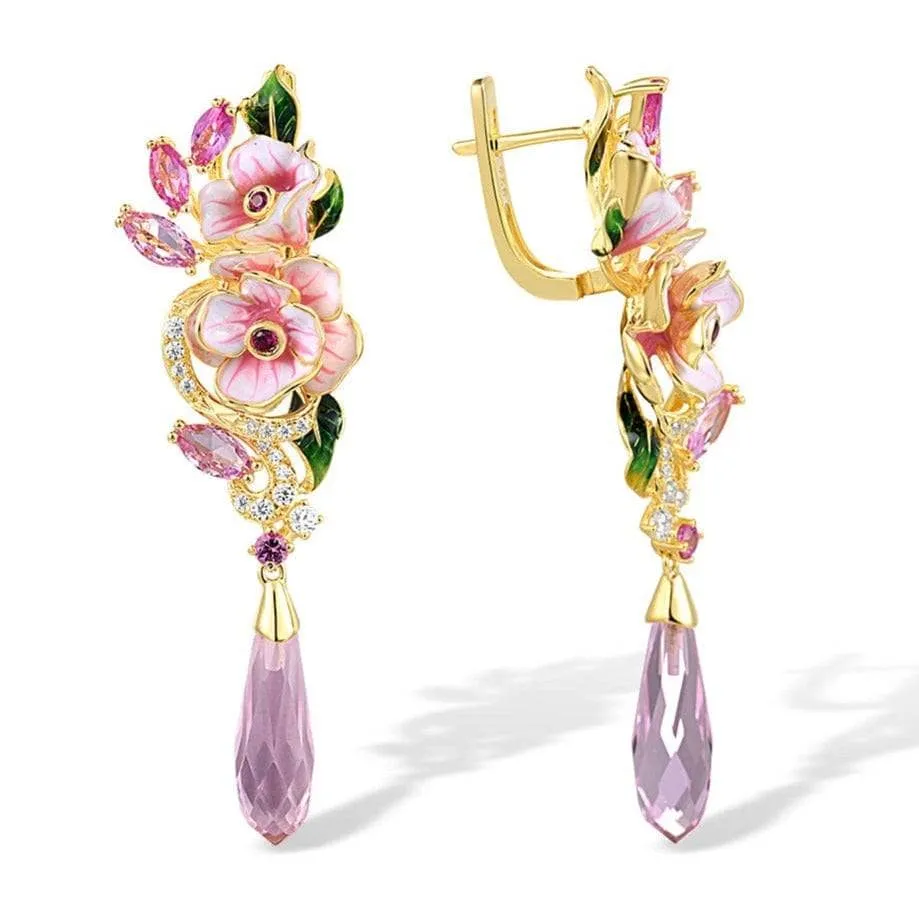 Diamond Pink Enamel Flower Drop Earrings