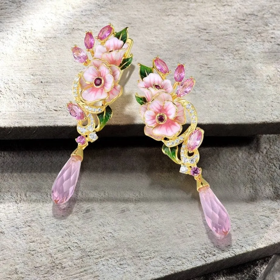Diamond Pink Enamel Flower Drop Earrings