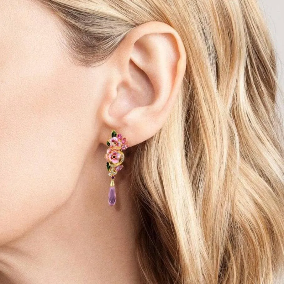 Diamond Pink Enamel Flower Drop Earrings