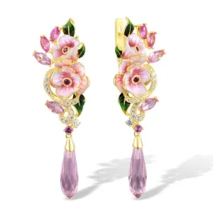 Diamond Pink Enamel Flower Drop Earrings