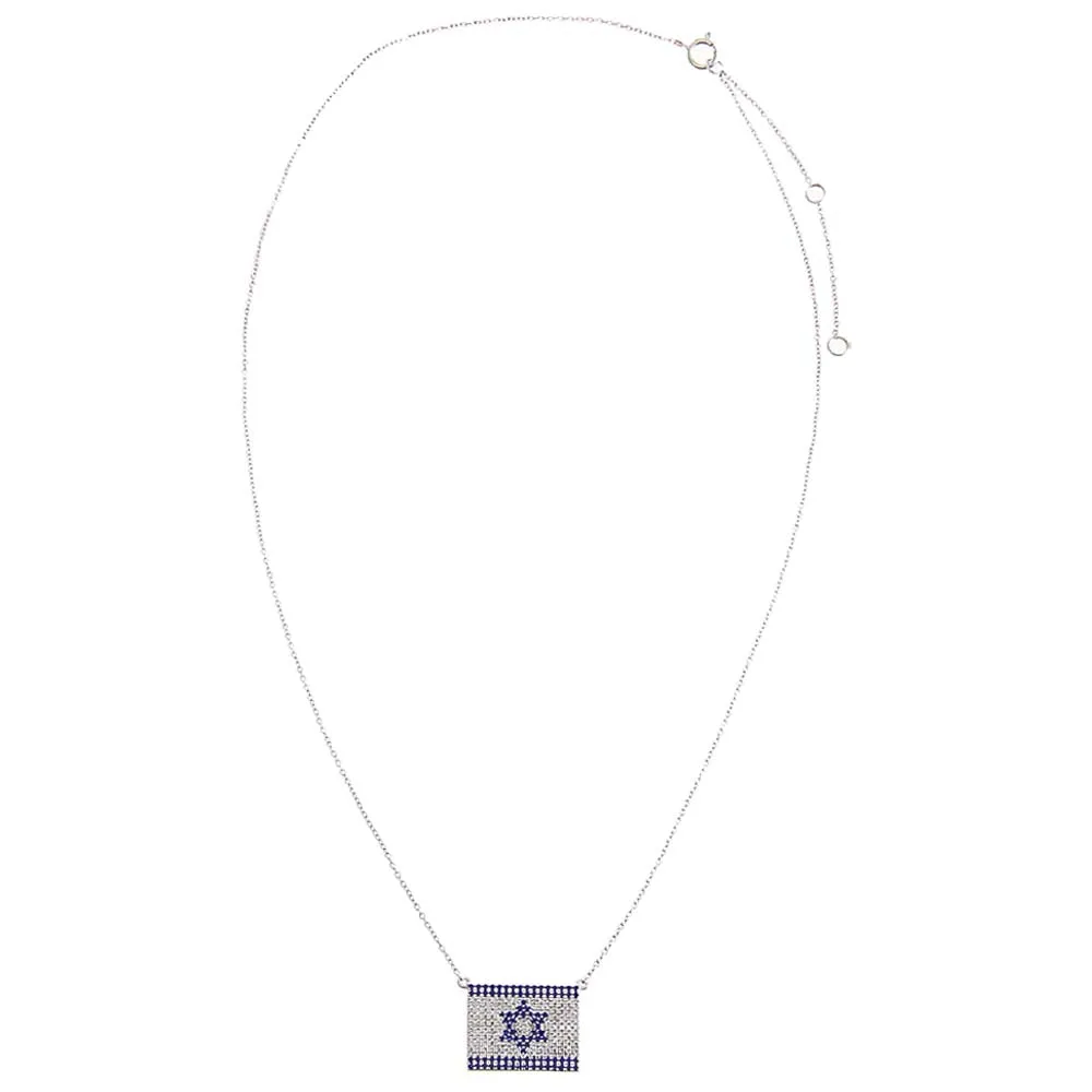Diamond X Sapphie Blue Pave Flag Of Israel Necklace 14K