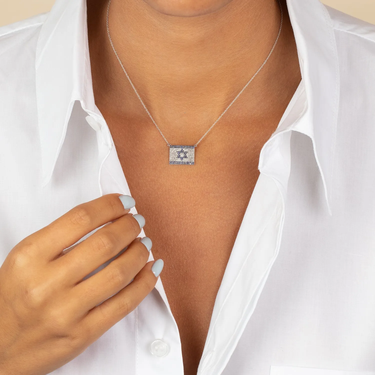Diamond X Sapphie Blue Pave Flag Of Israel Necklace 14K