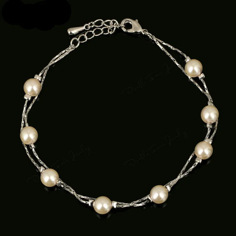 Double Fair Charm Bracelets & Bangles Platinum/Rose Gold Plated Fashion Simulated Pearl Beads Wedding Jewelry For Women DFH169