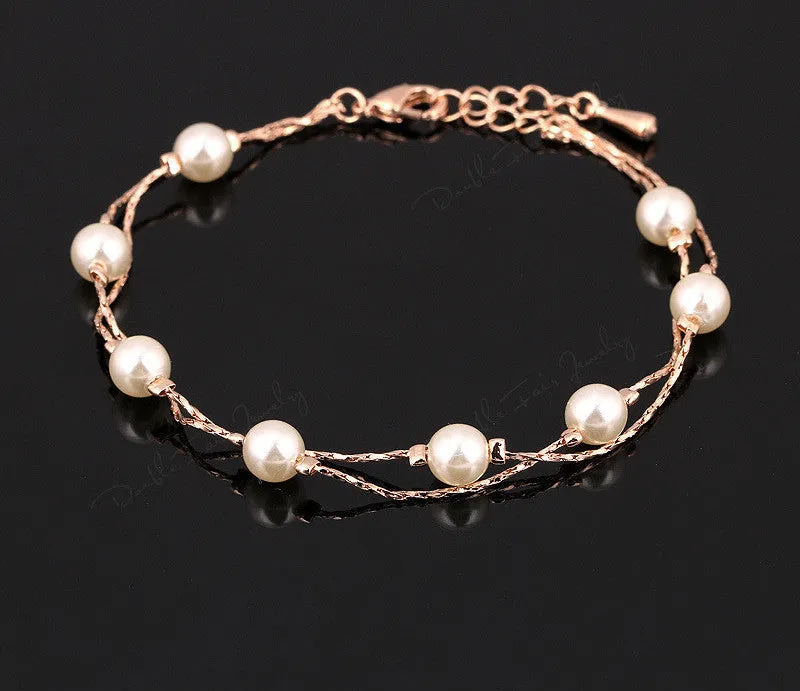 Double Fair Charm Bracelets & Bangles Platinum/Rose Gold Plated Fashion Simulated Pearl Beads Wedding Jewelry For Women DFH169