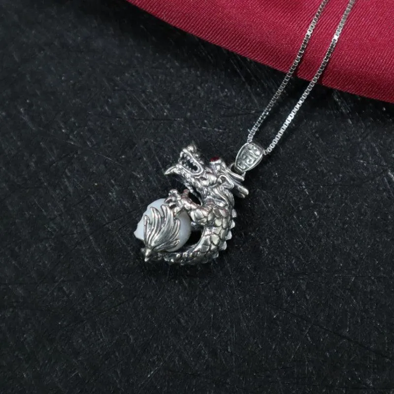 Dragon Holding Pearl Skull Pendant Necklace