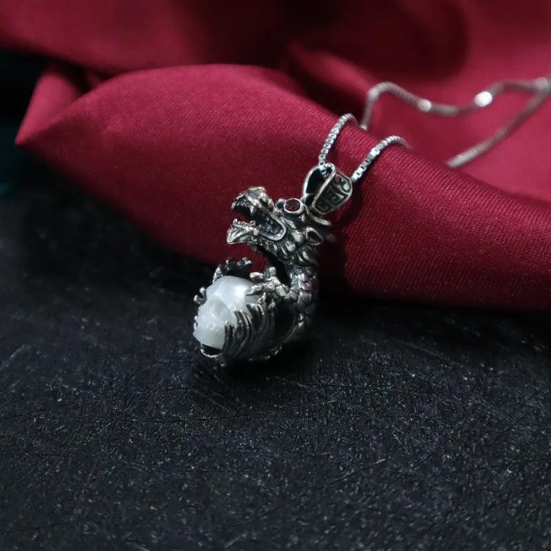 Dragon Holding Pearl Skull Pendant Necklace