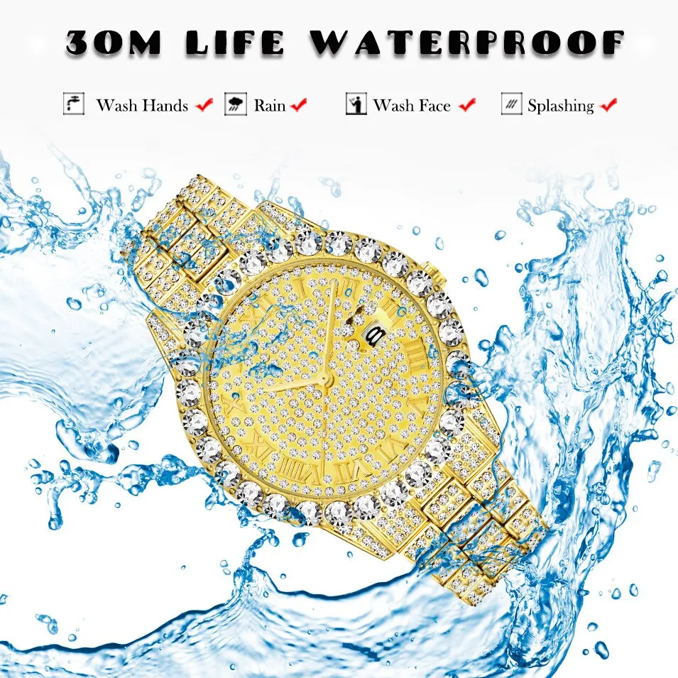 Dropshipping 2020 Hot MISSFOX Watches Men Wrist Luxury Brand Rolexable_watch Men 18K Gold Fake Diamond Male WristWatches For Men