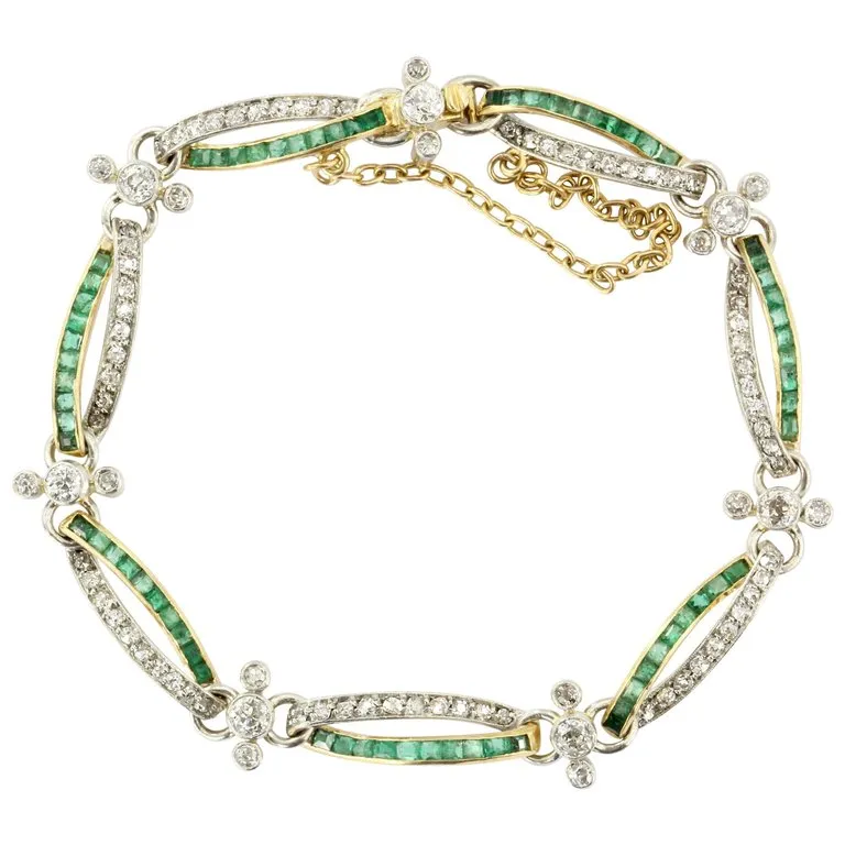 Edwardian 18K Yellow Gold Emerald and Diamond Bracelet