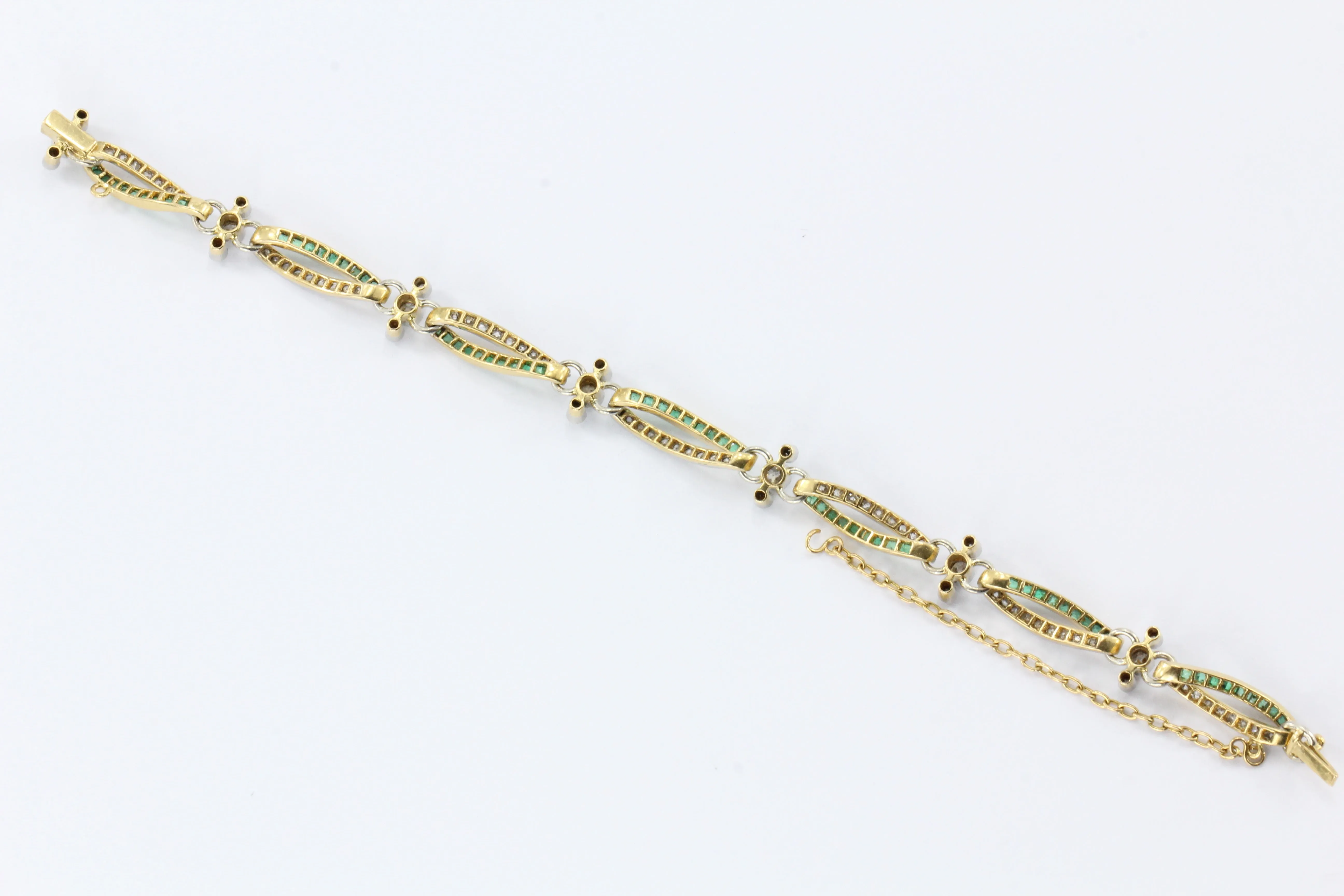 Edwardian 18K Yellow Gold Emerald and Diamond Bracelet
