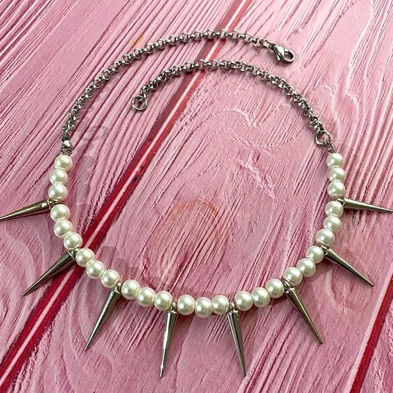 Egirl Pearl Spike Necklace DIY Design Korean Fashion Stud Pendant Necklace Women Cool Accessories Goth Punk Jewelry Choker