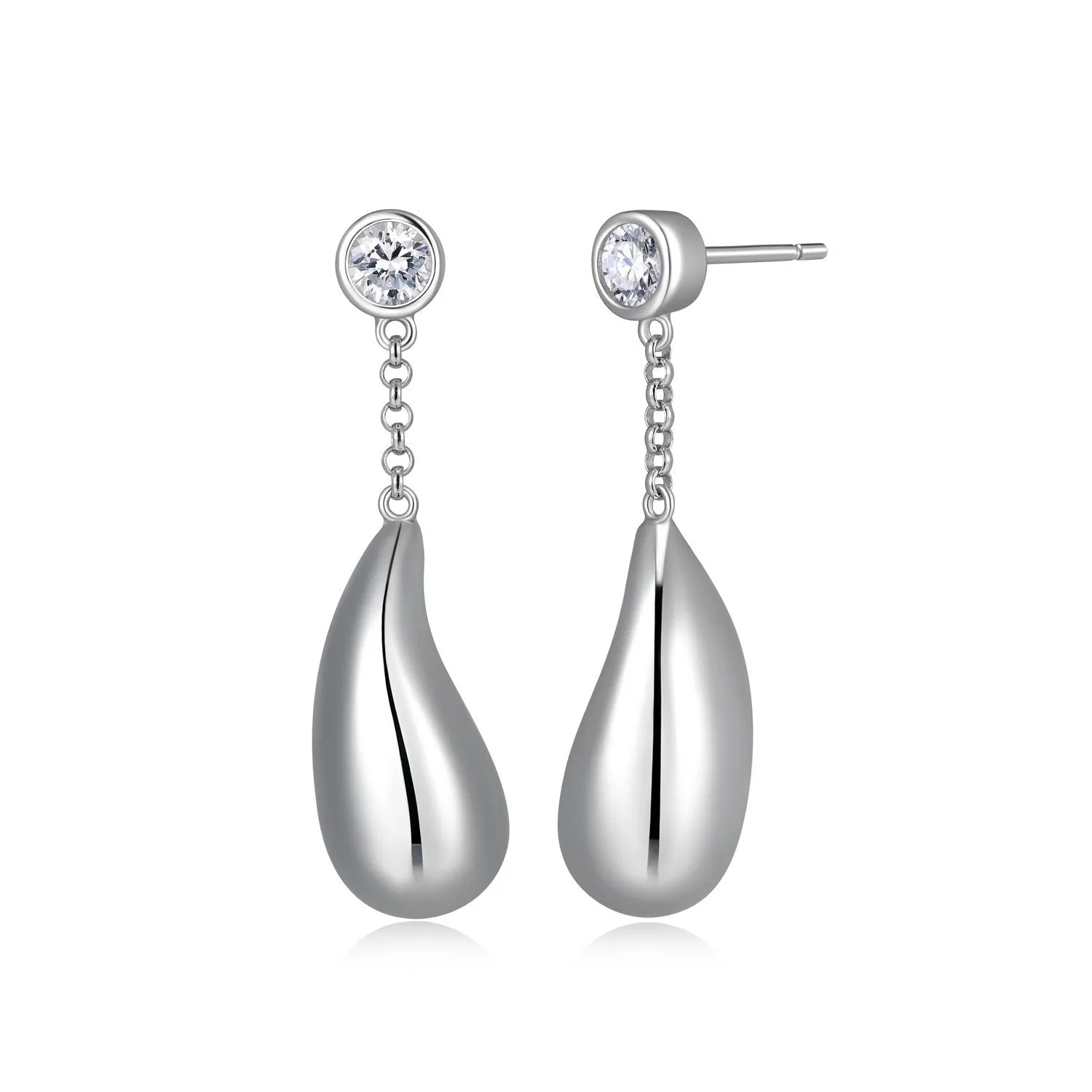Elle Raindrop Sterling Silver Rhodium Plated Bezel Set CZ and Puffy Pear Drop Dangle Earrings
