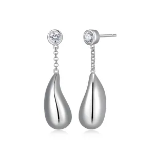Elle Raindrop Sterling Silver Rhodium Plated Bezel Set CZ and Puffy Pear Drop Dangle Earrings
