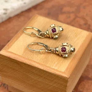 Estate 14KT Yellow Gold Ornate Ruby   Emerald Charm Lever Back Earrings