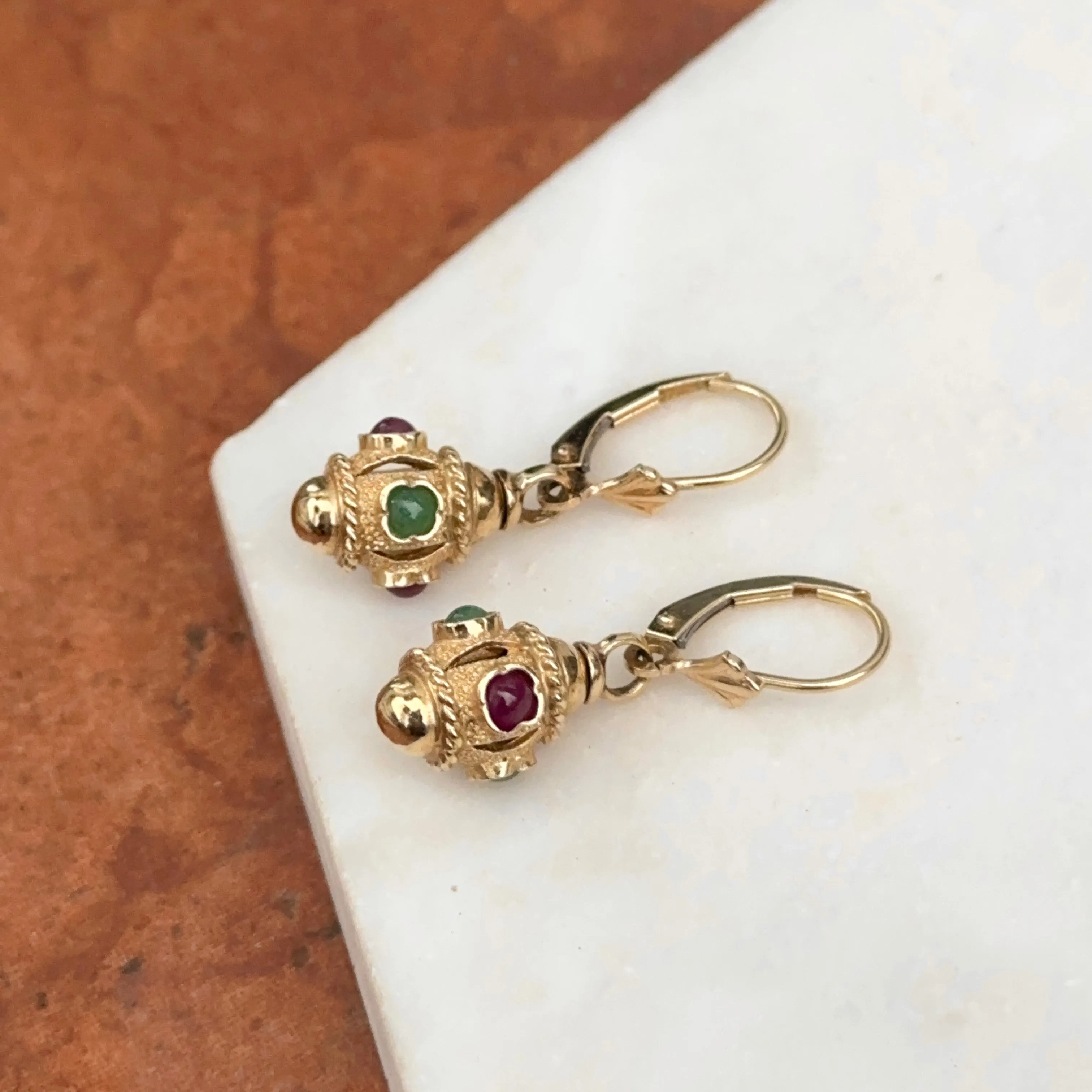 Estate 14KT Yellow Gold Ornate Ruby   Emerald Charm Lever Back Earrings