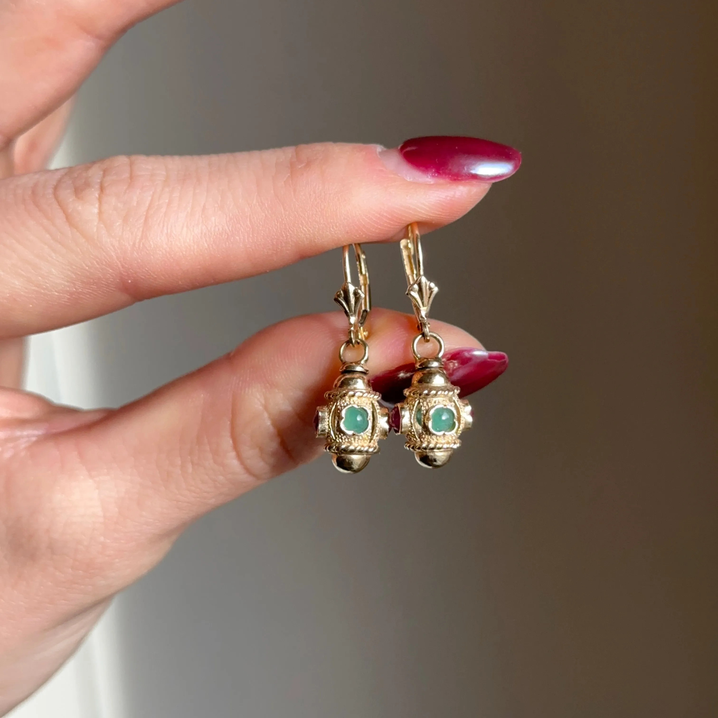 Estate 14KT Yellow Gold Ornate Ruby   Emerald Charm Lever Back Earrings