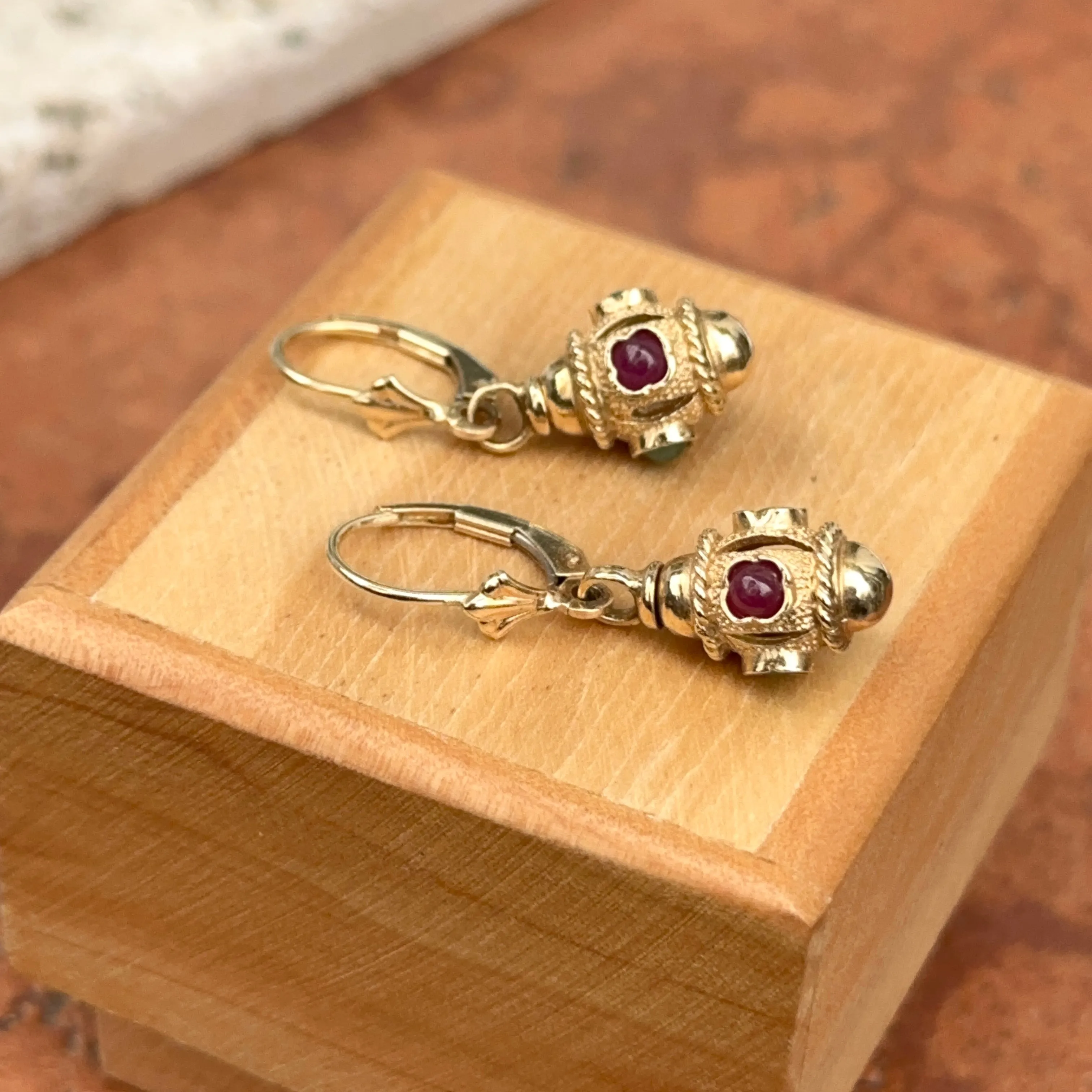 Estate 14KT Yellow Gold Ornate Ruby   Emerald Charm Lever Back Earrings