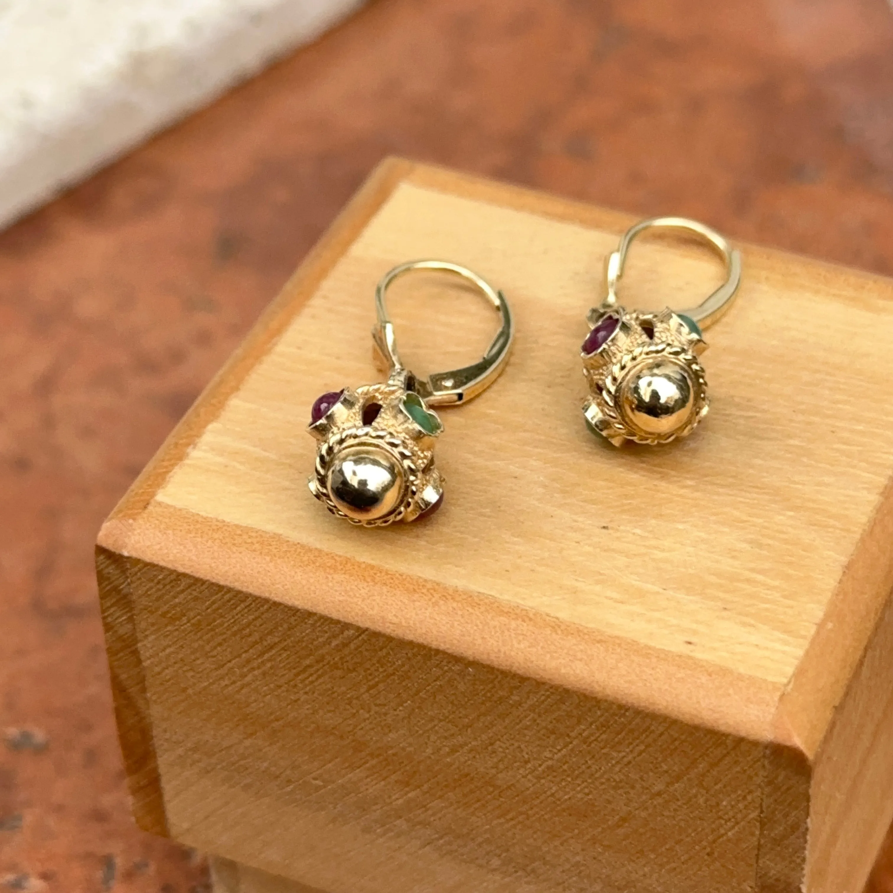 Estate 14KT Yellow Gold Ornate Ruby   Emerald Charm Lever Back Earrings
