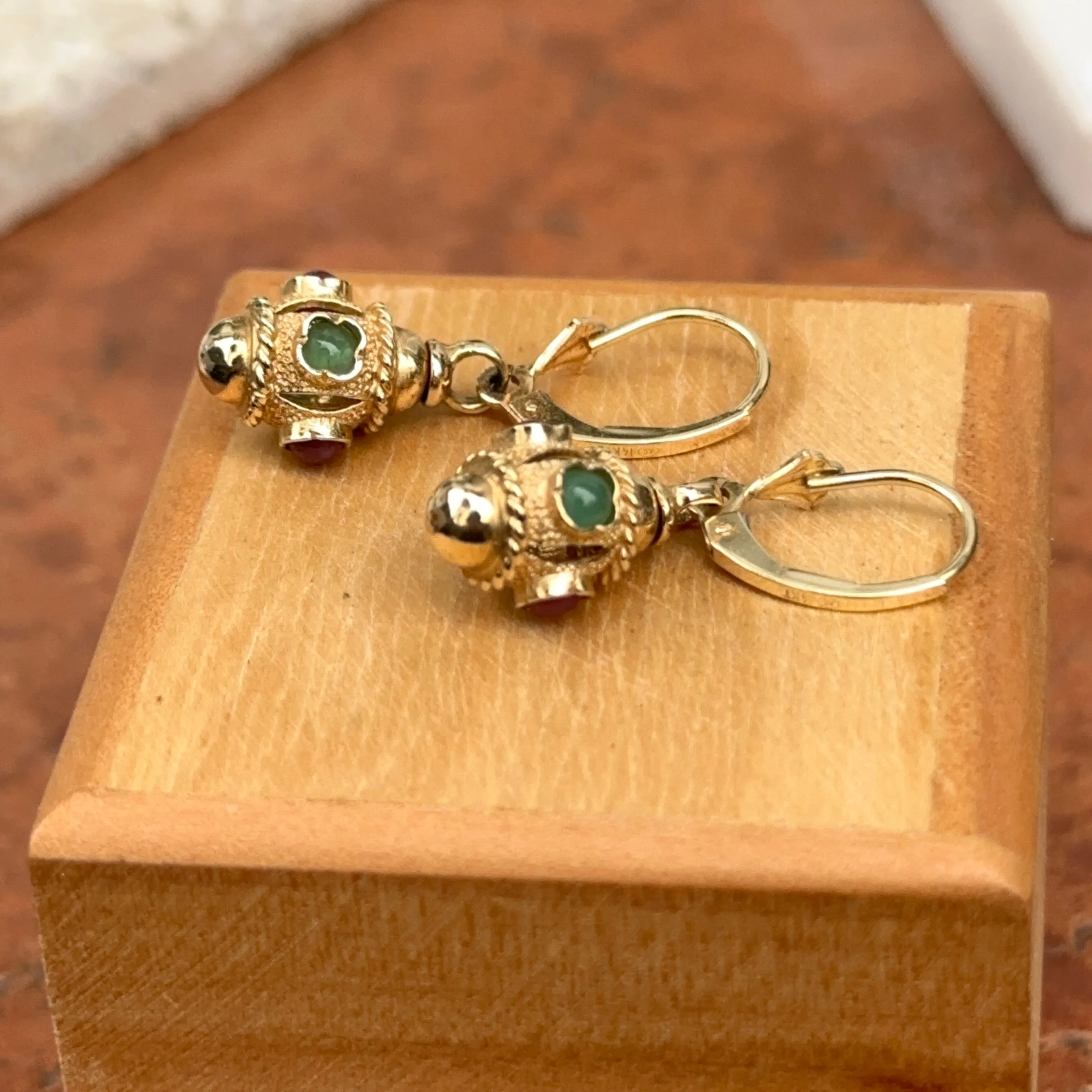 Estate 14KT Yellow Gold Ornate Ruby   Emerald Charm Lever Back Earrings