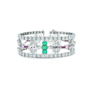 Estate 1930s Platinum Diamond, Ruby And Emerald Bracelet