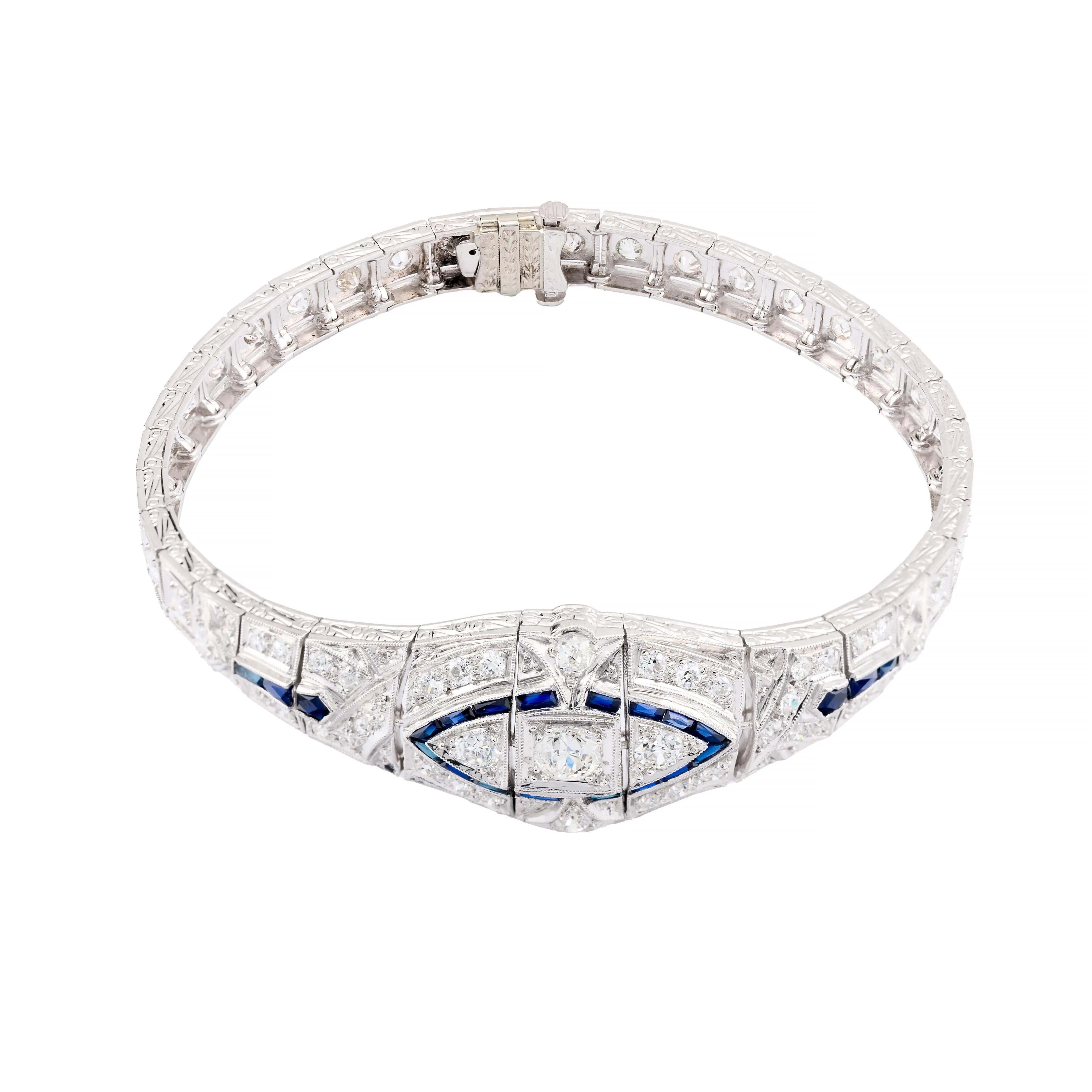 Exquisite Art Deco European Cut Diamond & Sapphire Bracelet in Platinum