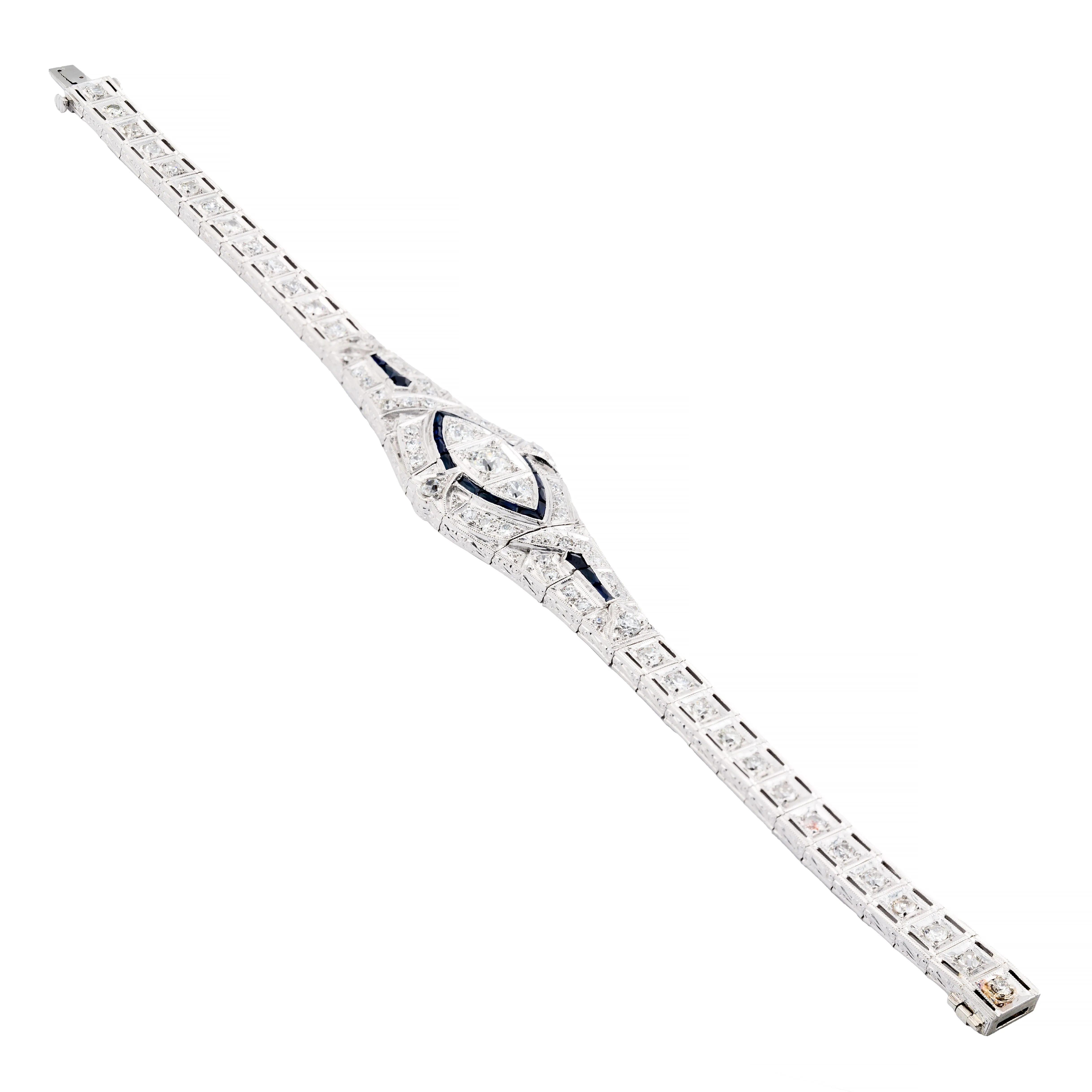 Exquisite Art Deco European Cut Diamond & Sapphire Bracelet in Platinum