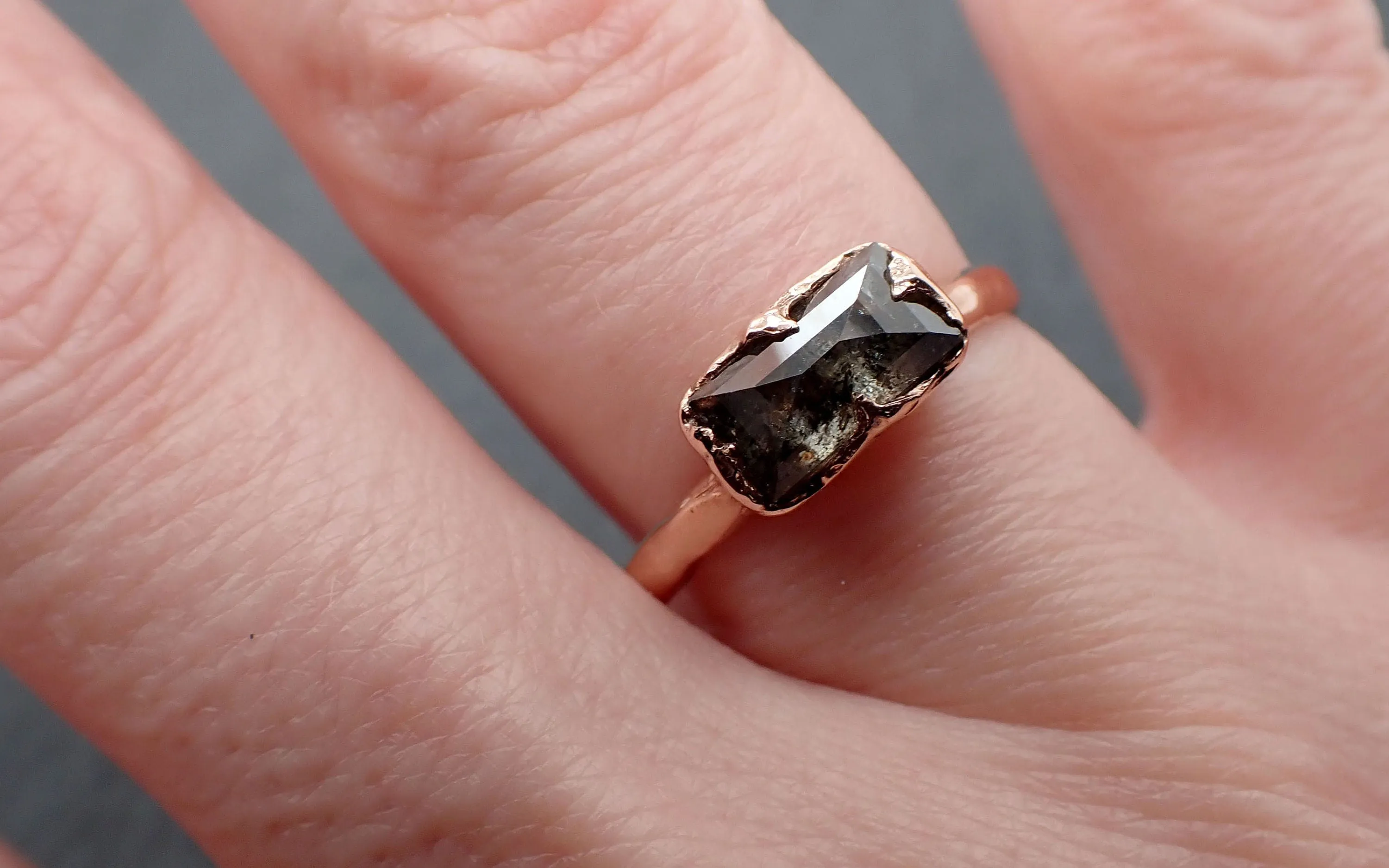 faceted fancy cut salt and pepper diamond solitaire engagement 14k rose gold wedding ring byangeline 3337 Alternative Engagement