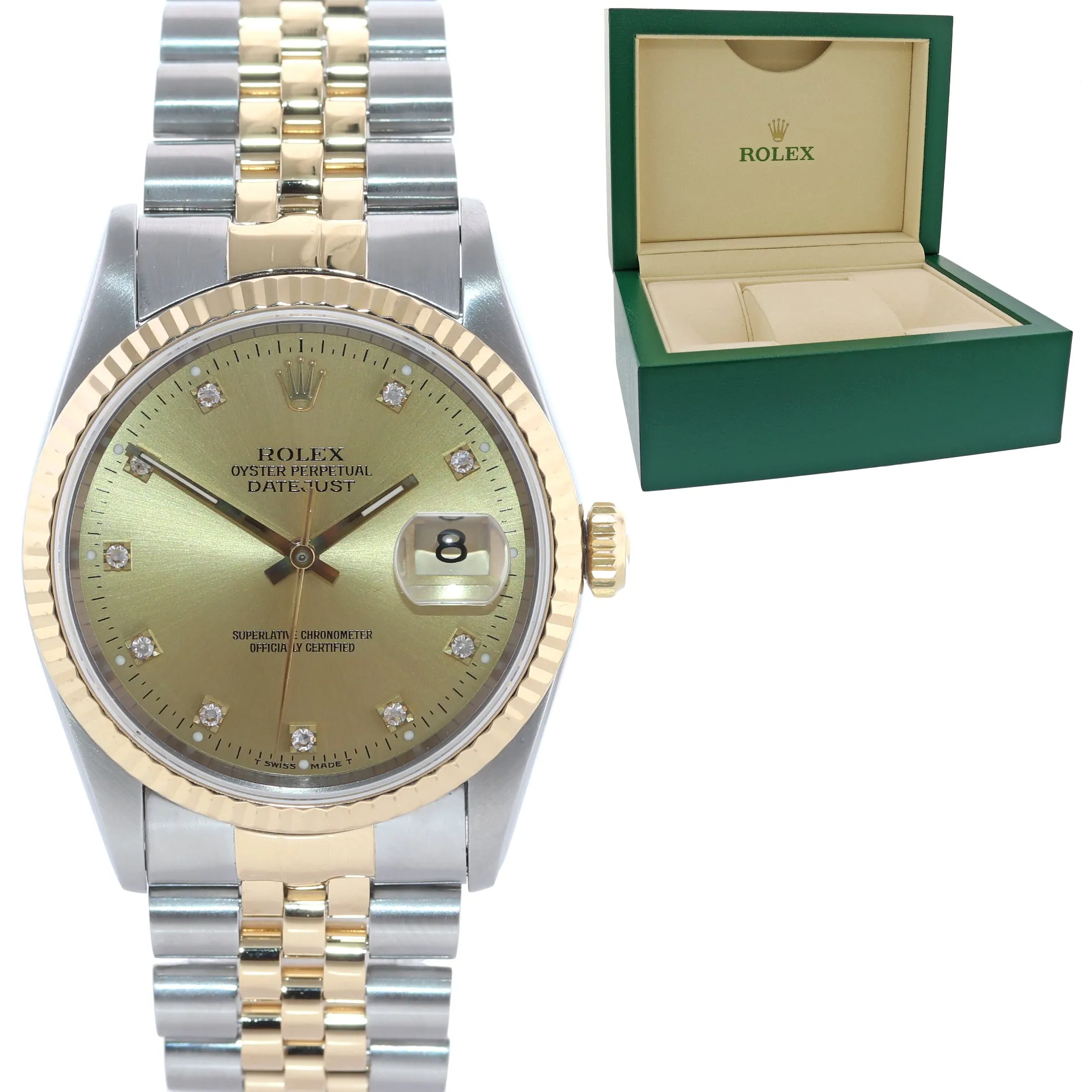 FACTORY DIAMOND Rolex DateJust 36mm 16233 Two Tone 18k Gold Steel Watch Box